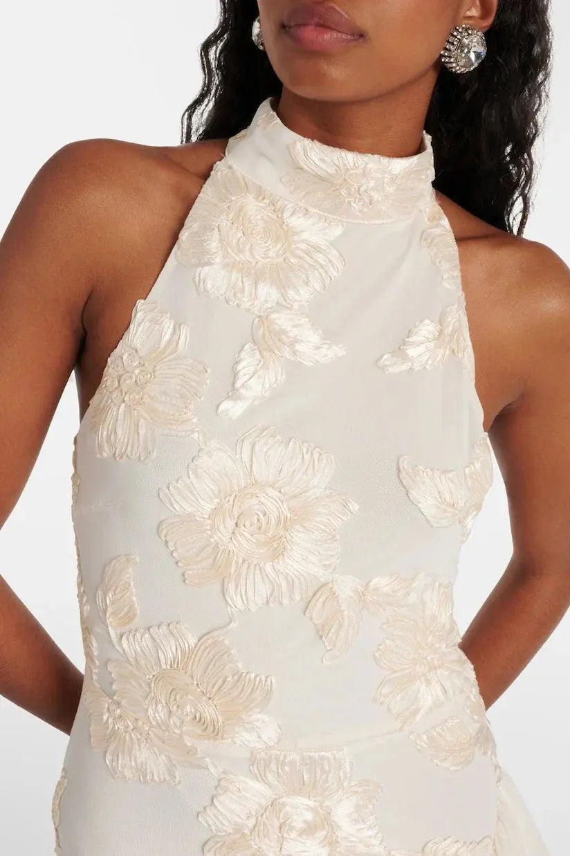 roberta white Asymmetric appliqué halter sleeveless midi dress Avalabel