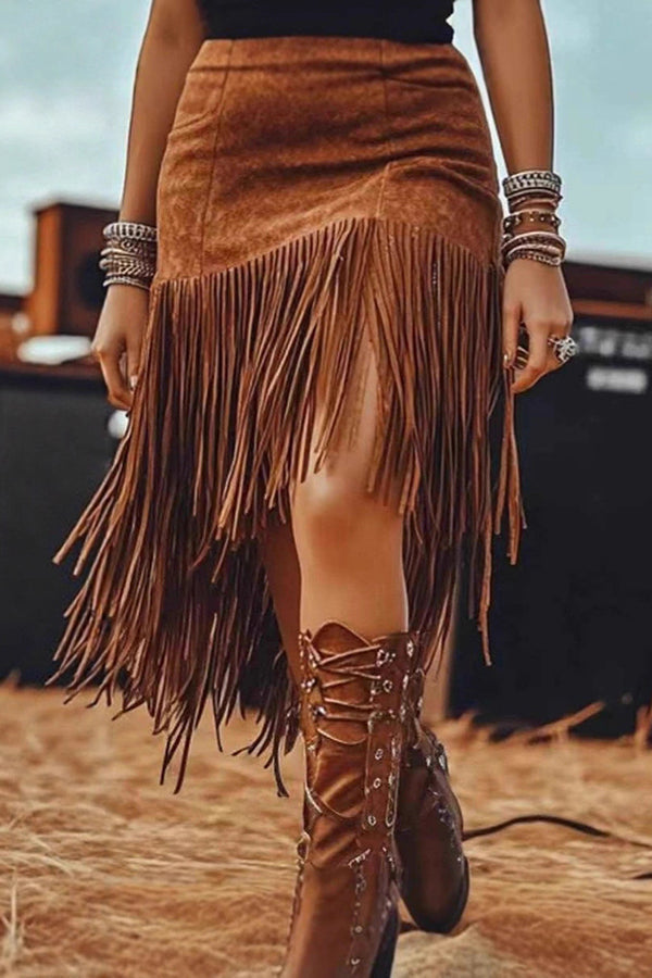 Retro High-waisted Casual Tassel Midi Skirt Avalabel