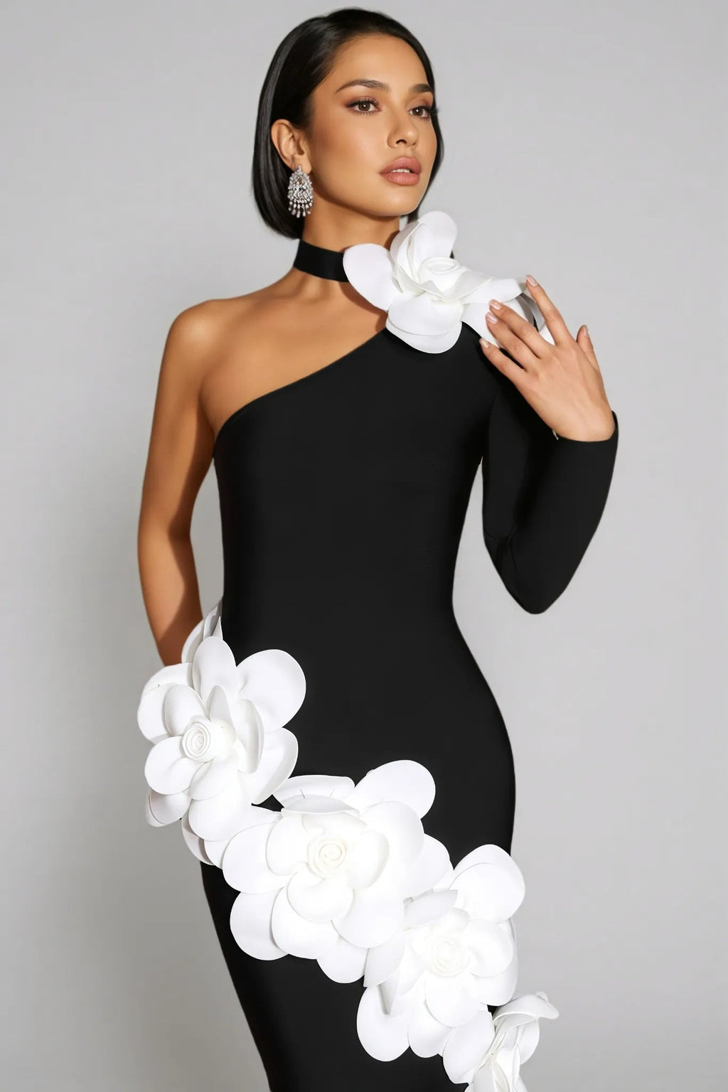 Gemma One Shoulder 3D Flower Bandage Maxi Dress in Black Avalabel