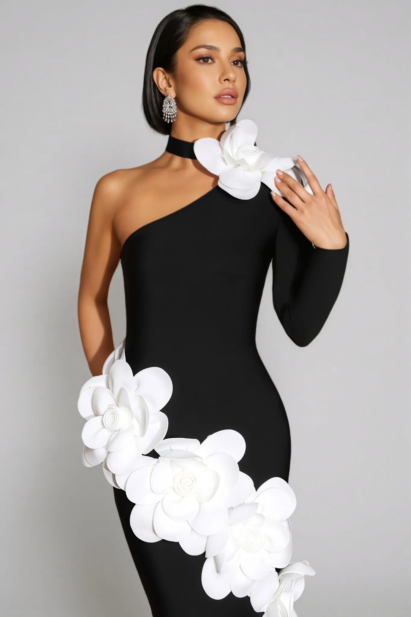 Gemma One Shoulder 3D Flower Bandage Maxi Dress in Black Avalabel