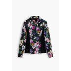 Black Vibrant Floral Print Long Sleeve Button-Down Shirt Avalabel
