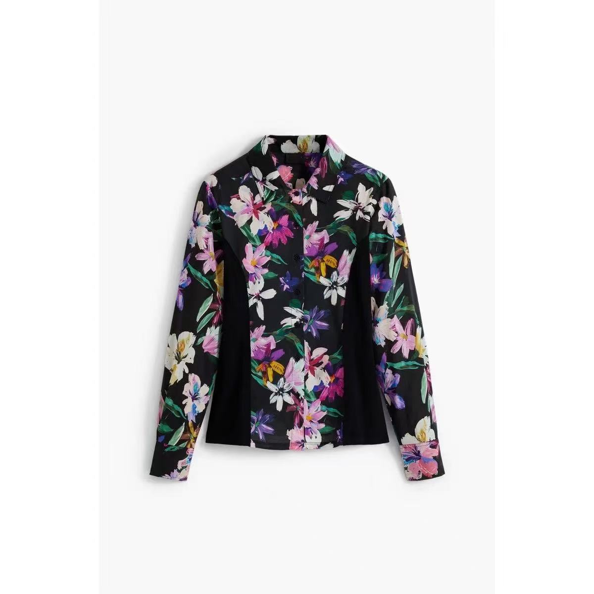 Black Vibrant Floral Print Long Sleeve Button-Down Shirt Avalabel