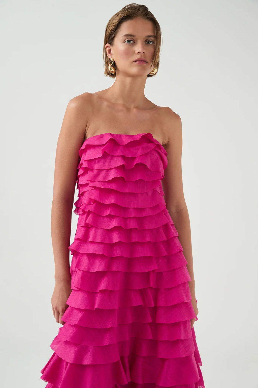 Cathy Pleated Layer Strapless Maxi Dress in Rose Red Avalabel