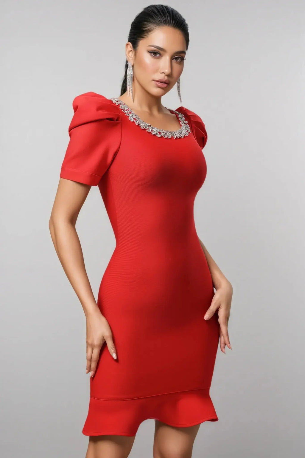 oanna Red Short Sleeve Rhinestone Bandage Mini Dress Avalabel