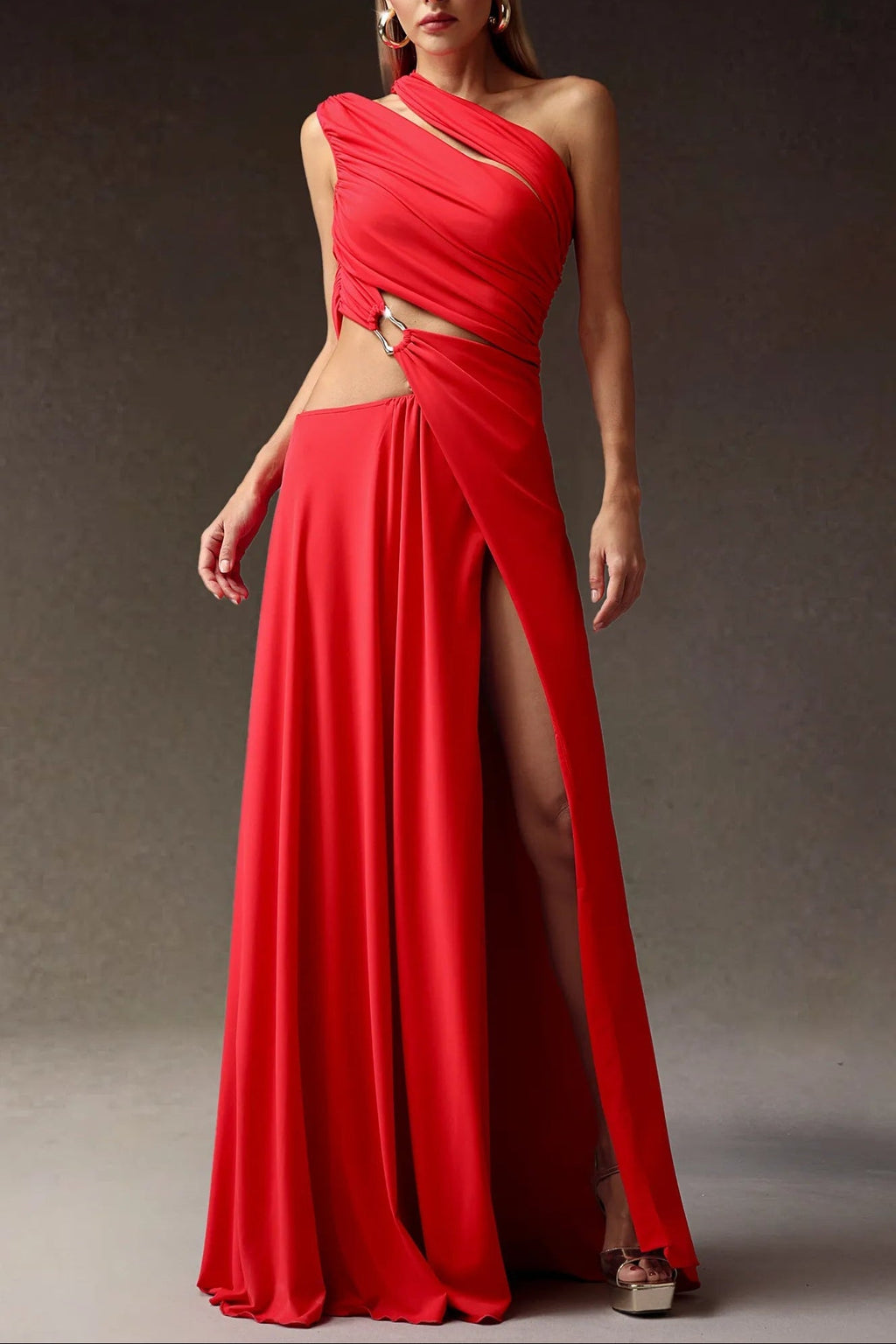 atalanta High Slit Hollowed-out Maxi Dress in red Avalabel