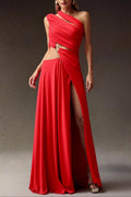 atalanta High Slit Hollowed-out Maxi Dress in red Avalabel