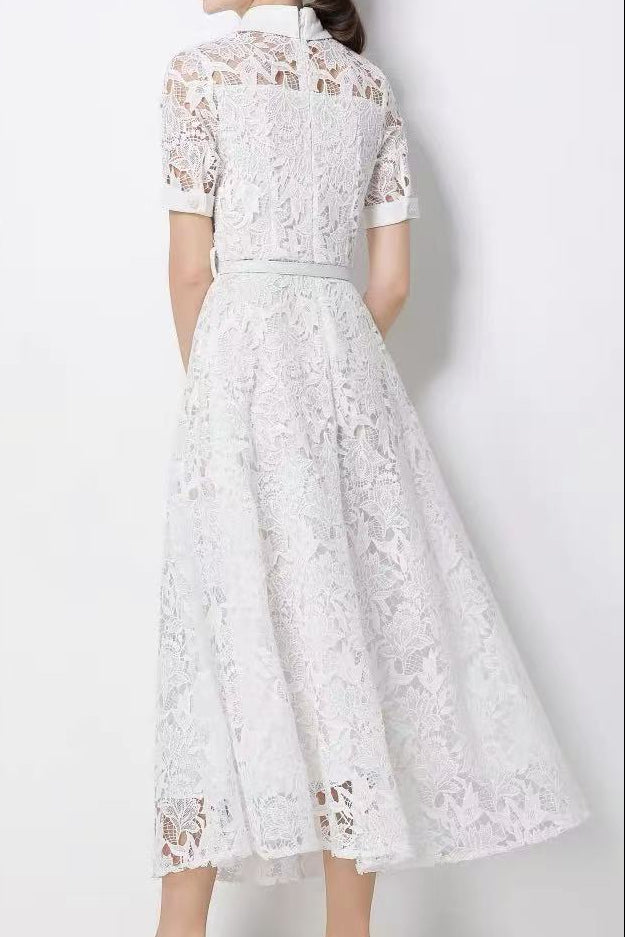 Lace Collared Belted Midi Dress Avalabel