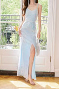Light Blue Sequin Spaghetti Strap Slit Maxi Dress Avalabel