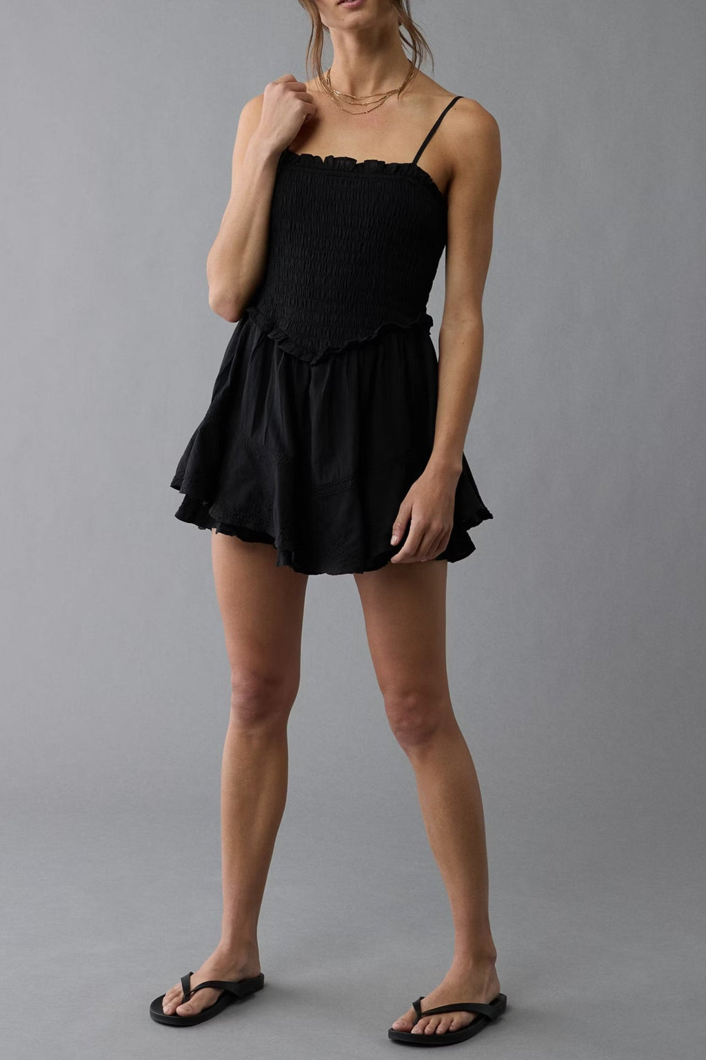 Ruffle Tiered Romper Mini Dress in Black Avalabel