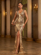 Nova V-Neck Split Golden Sequin Dress Avalabel