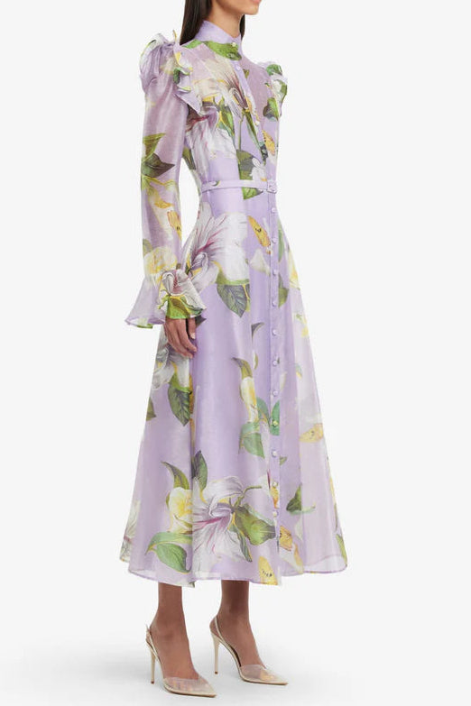 winni Lily Blossom Print Lilac Butterfly Sleeve Midi Dress Avalabel
