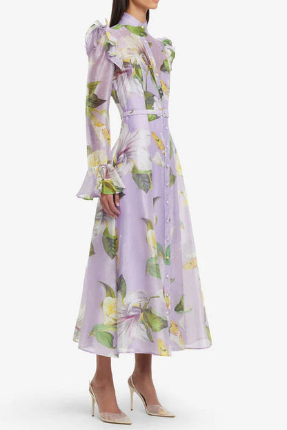 winni Lily Blossom Print Lilac Butterfly Sleeve Midi Dress