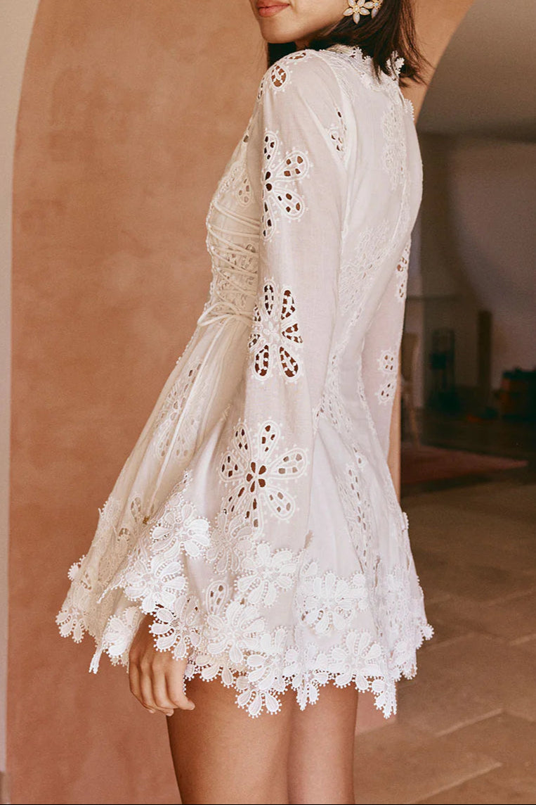 Flower Embroidery Hollow Mini Dress in White Avalabel