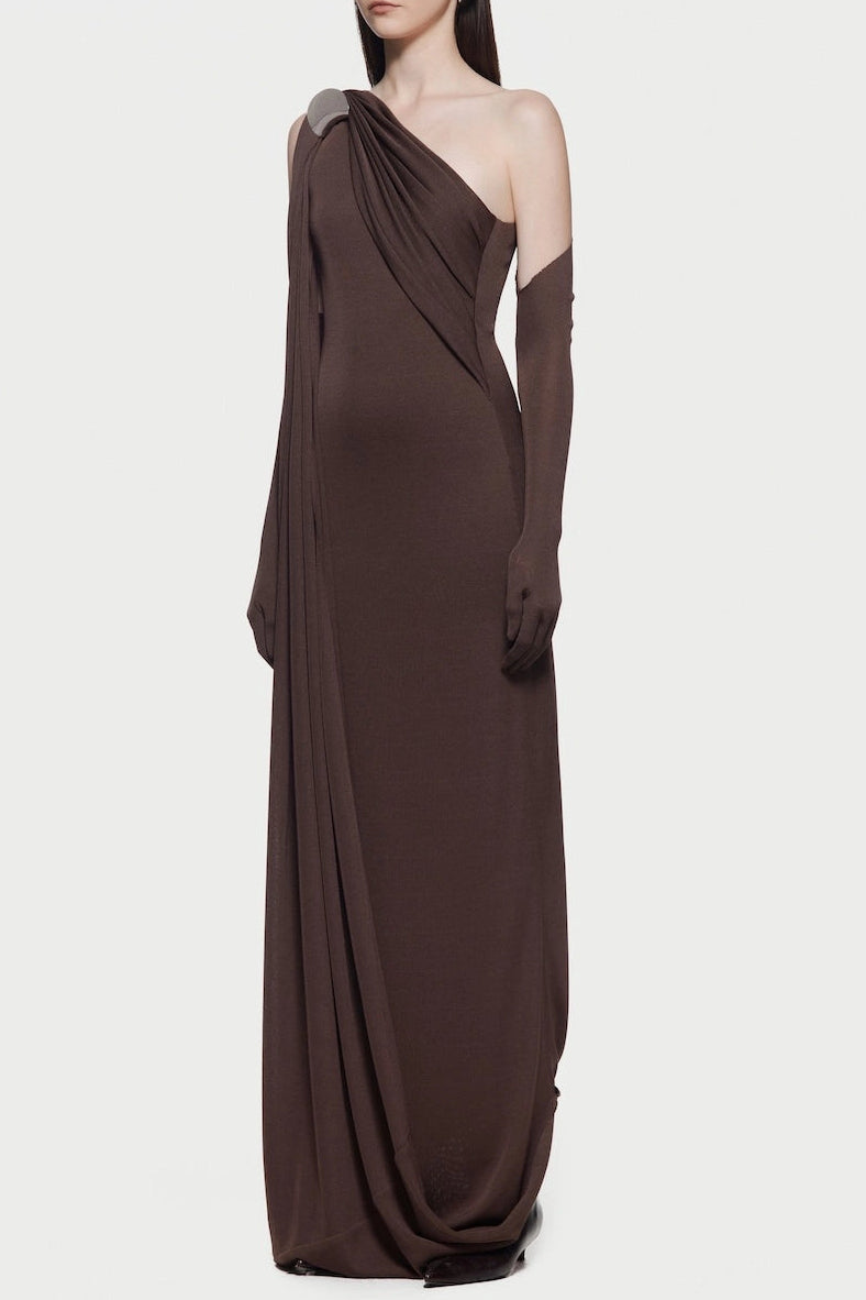 xaviera one-shoulder pleated backless maxi dress in brown Avalabel