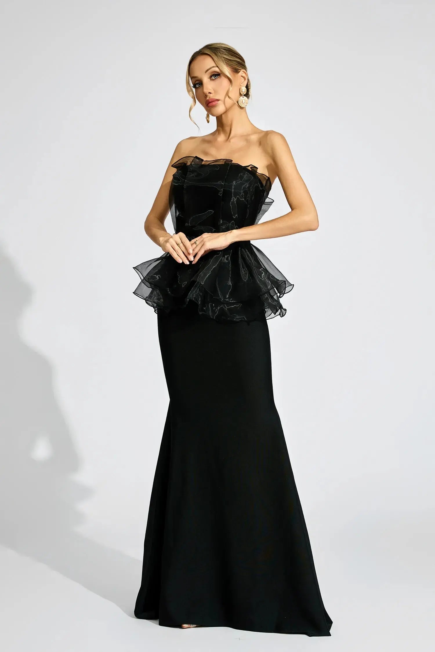 lorraine Black Peplum strapless maxi Dress Avalabel