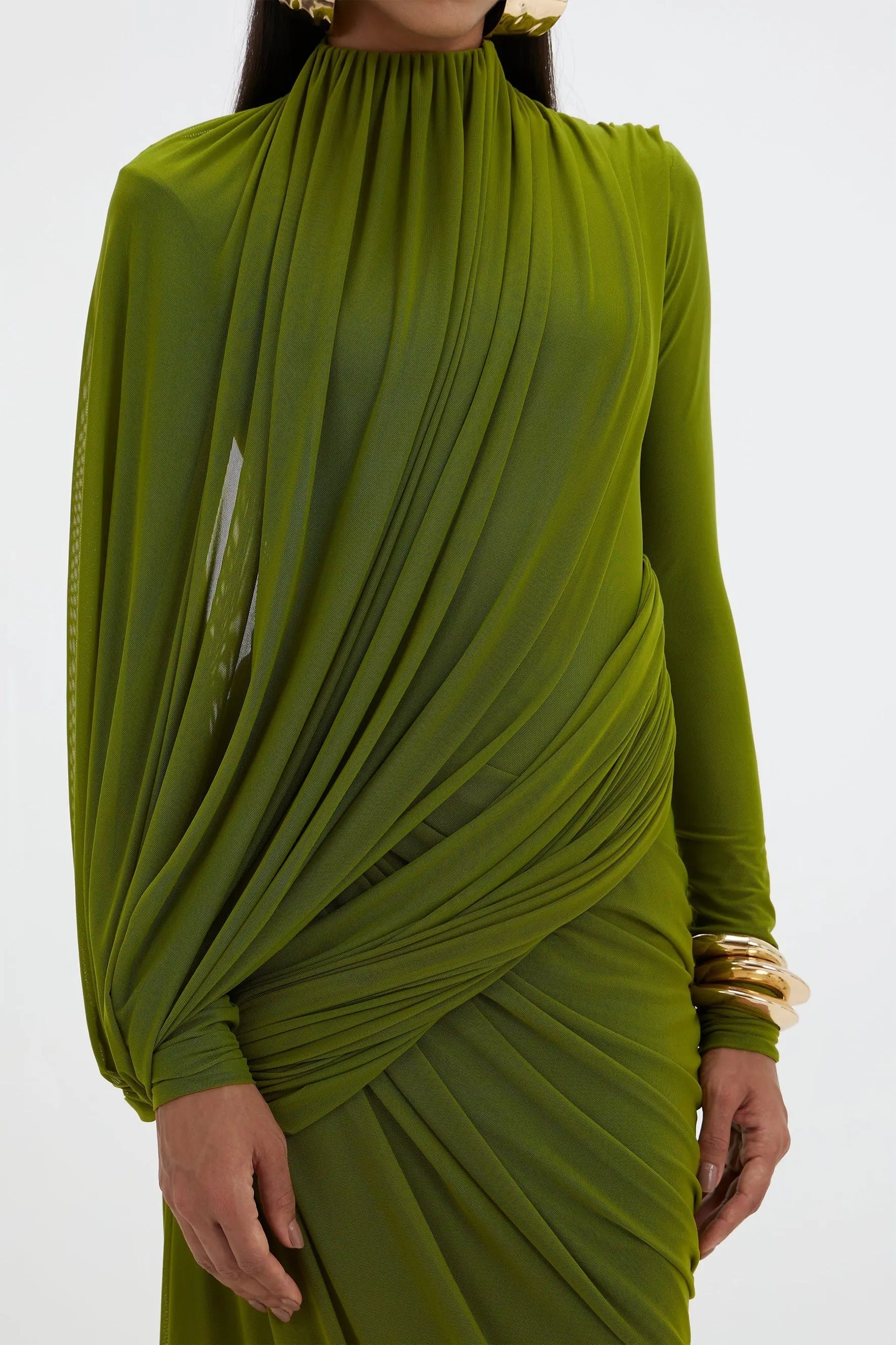 liz High Neck Asymmetric Drape ruched Maxi Dress in green Avalabel