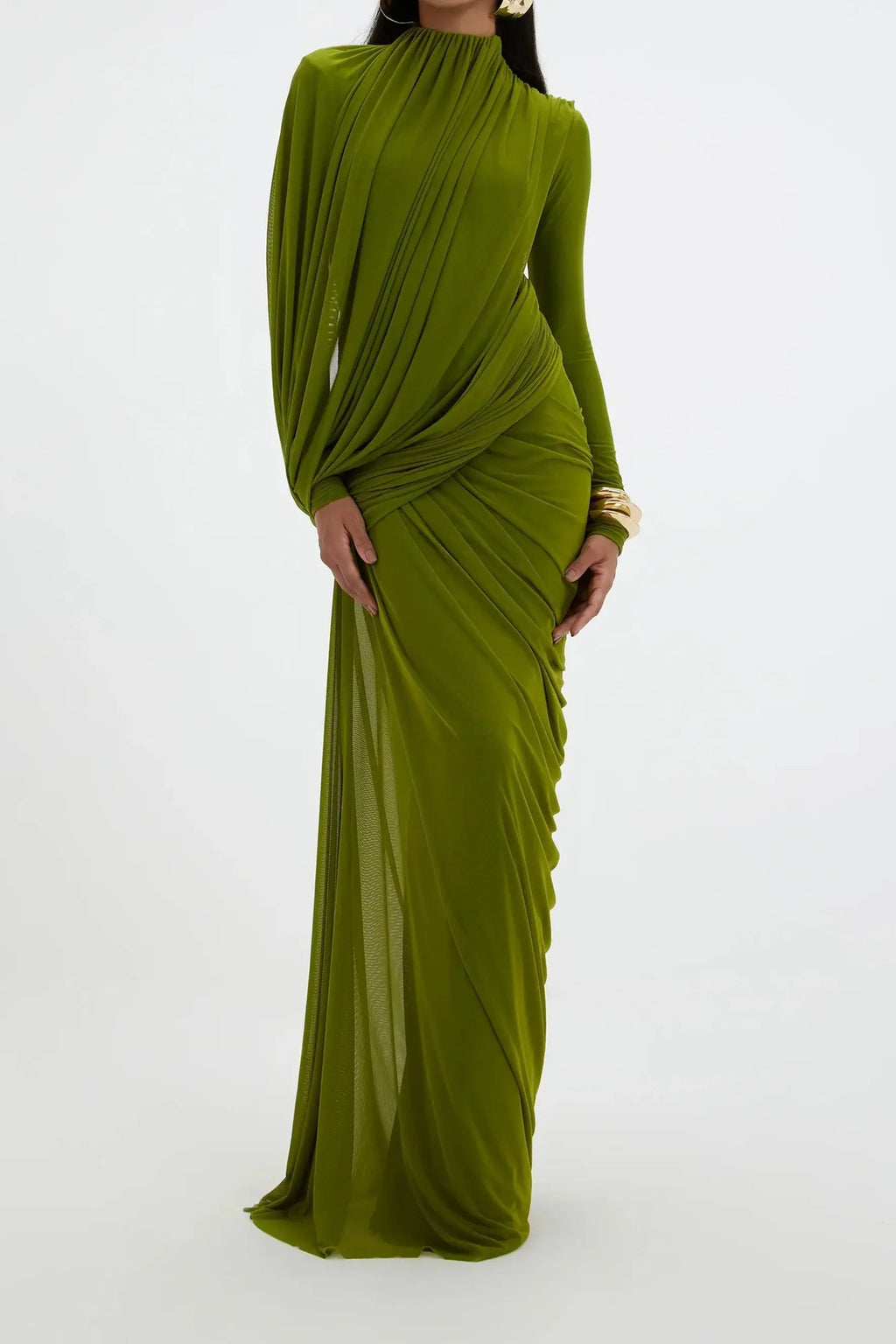 liz High Neck Asymmetric Drape ruched Maxi Dress in green Avalabel