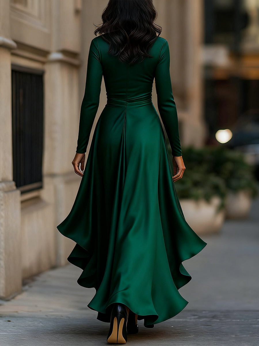Midnight Blue Draped Satin Maxi Dress With Ruffle Details Avalabel