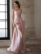 Mermaid Ruched Strapless Beading Pink Prom Dress Avalabel