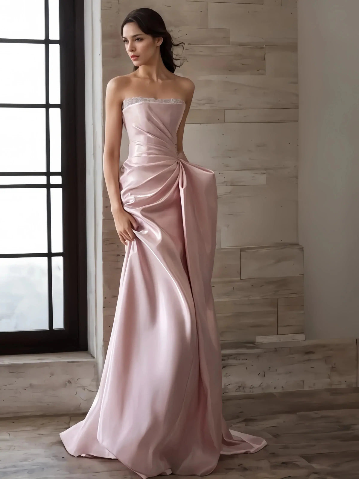 Mermaid Ruched Strapless Beading Pink Prom Dress Avalabel