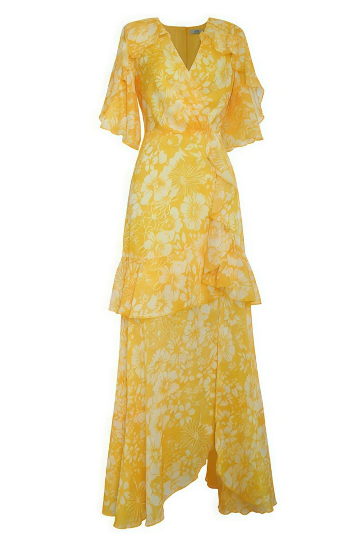 Lila Floral Ruffle V-neck Yellow Maxi Dress Avalabel