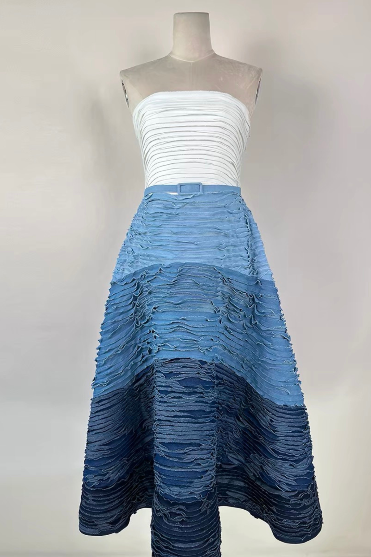 Mara Ombre Denim Strapless Tiered Midi Dress Avalabel