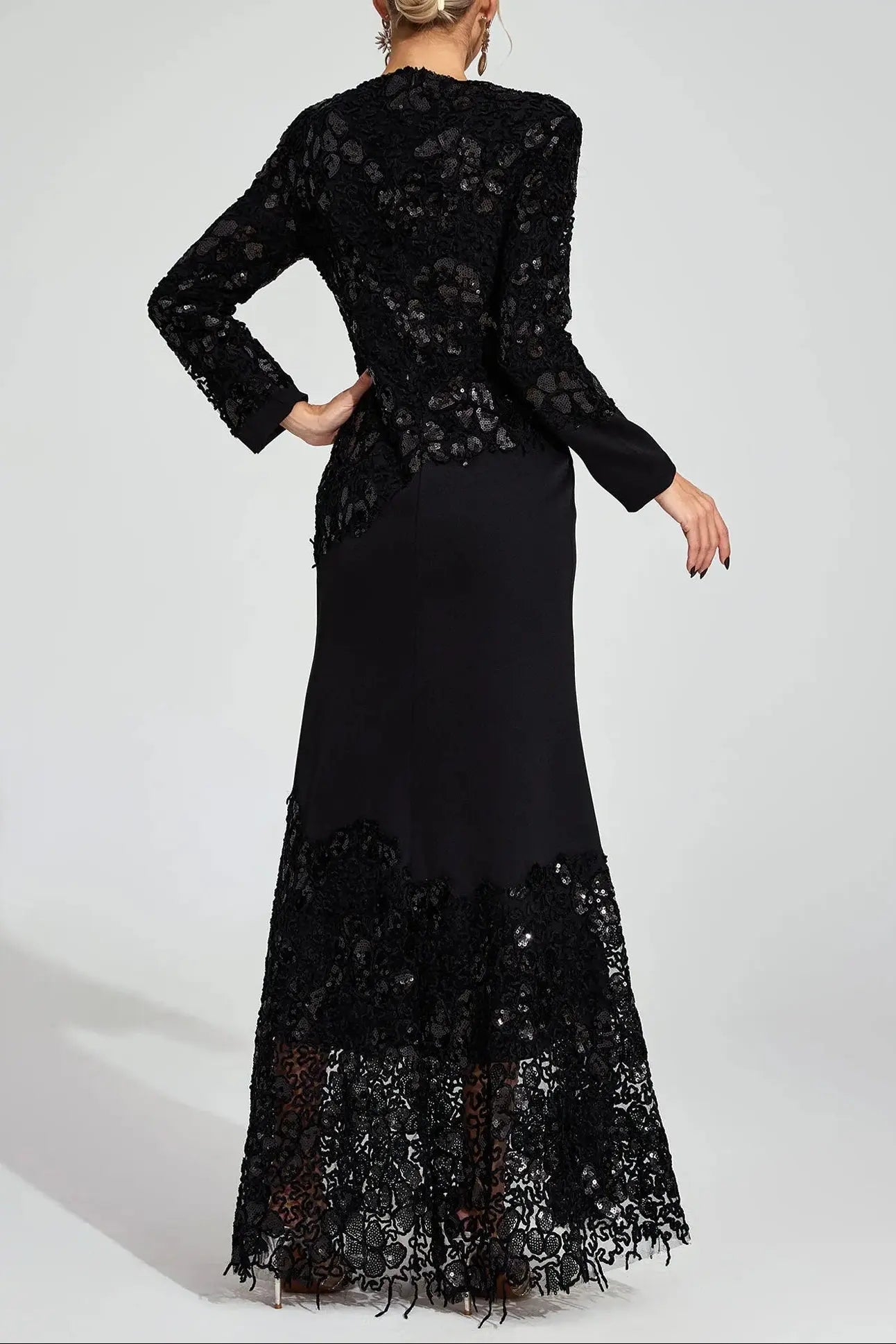 joanna Black long sleeve Embroidered Maxi Dress Avalabel