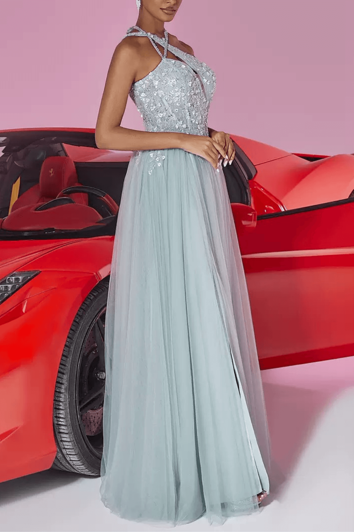Lilian Light Blue Sequin Halter Neck Slit Prom Maxi Dress Avalabel