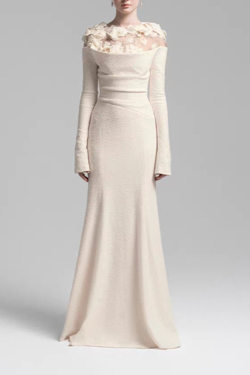 Louise 3D Floral Sheer Shoulder Long Sleeve White Dress Avalabel