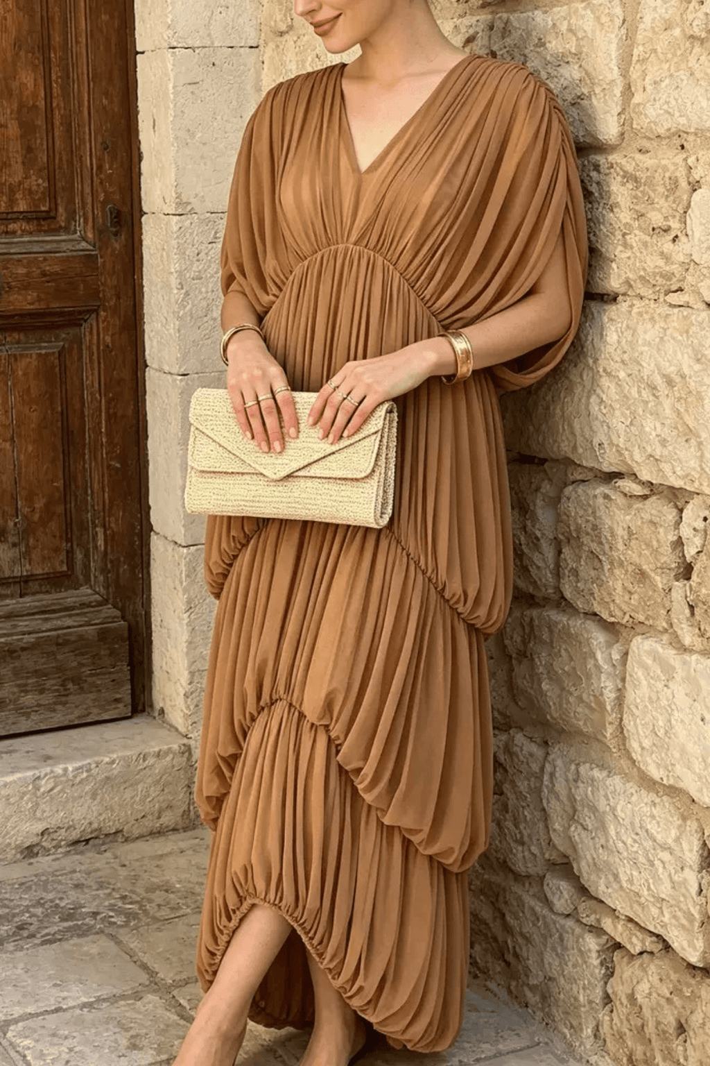 Elle Caramel Sheer Smocked Tiered Maxi Dress Avalabel