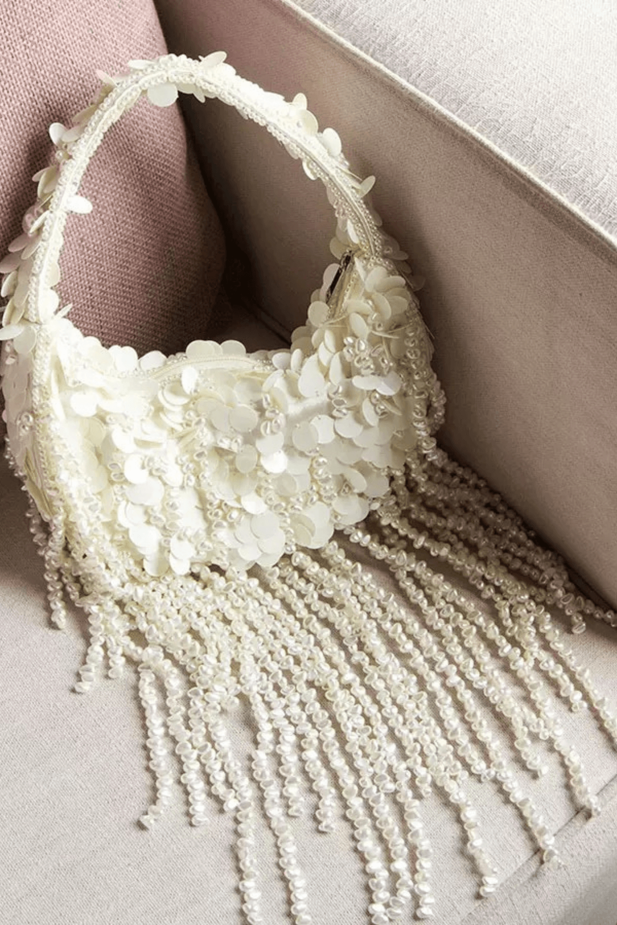 White Sequin Pearl Tassel Clutch Avalabel