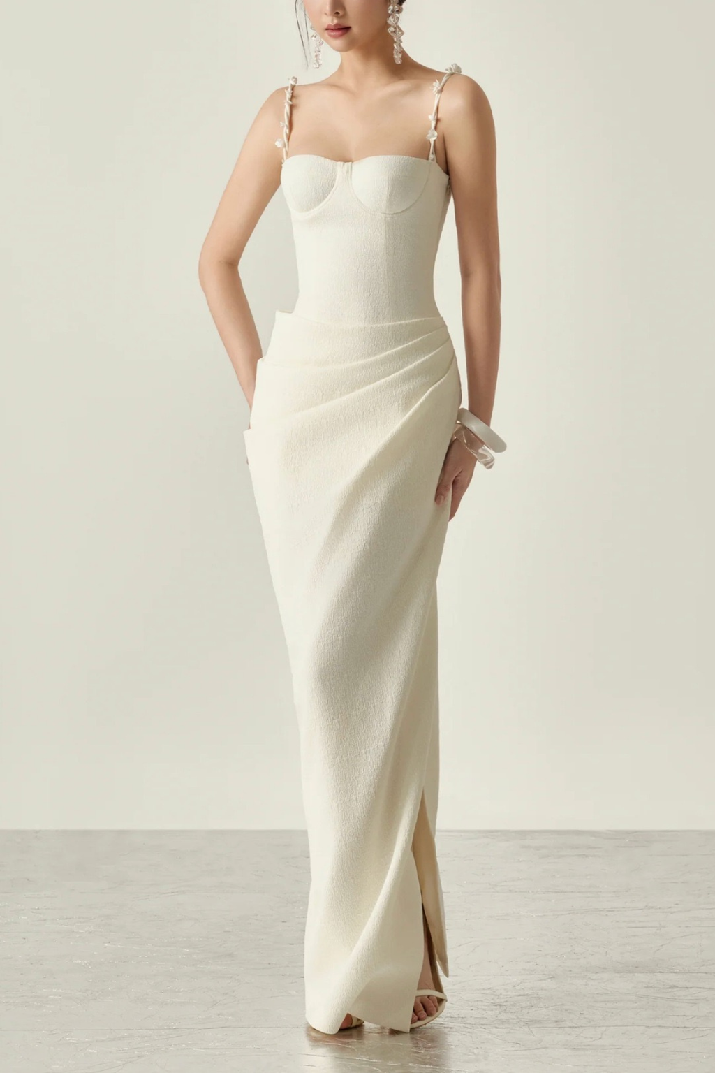 Ella Floral‑Strap Corset Ruched Slit Maxi Dress - Avalabel