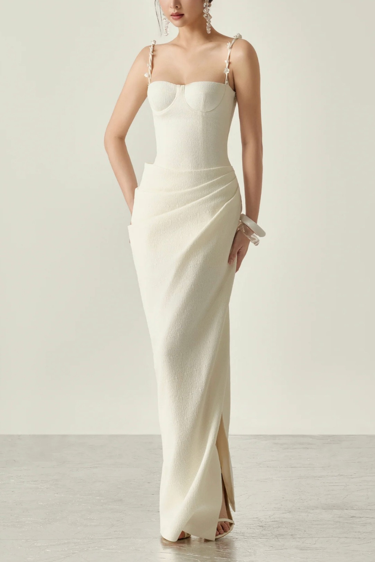 Ella Floral‑Strap Corset Ruched Slit Maxi Dress - Avalabel