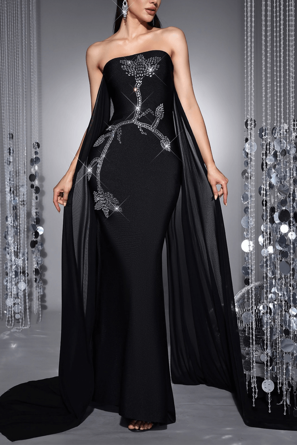 Junie Black Strapless Rhinestone Mermaid Dress Avalabel