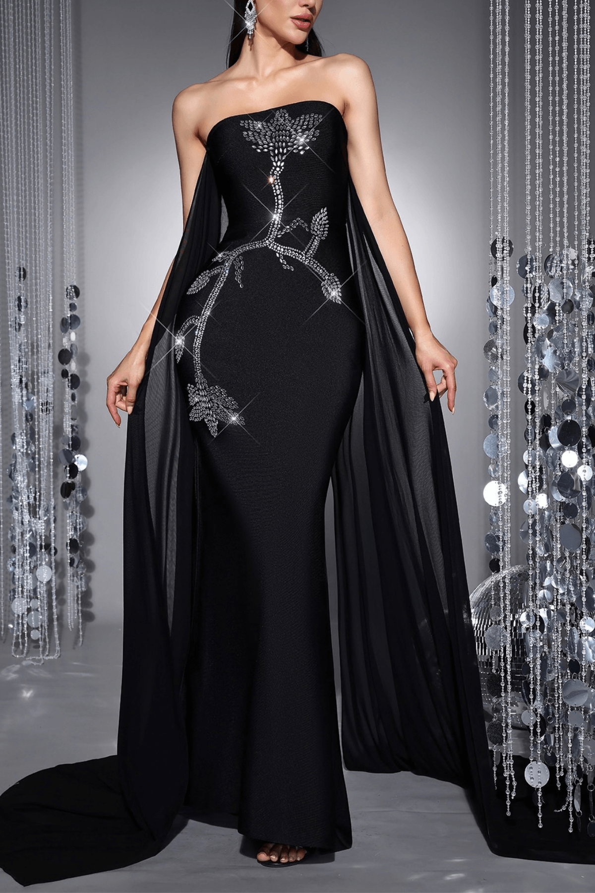 Junie Black Strapless Rhinestone Mermaid Dress Avalabel