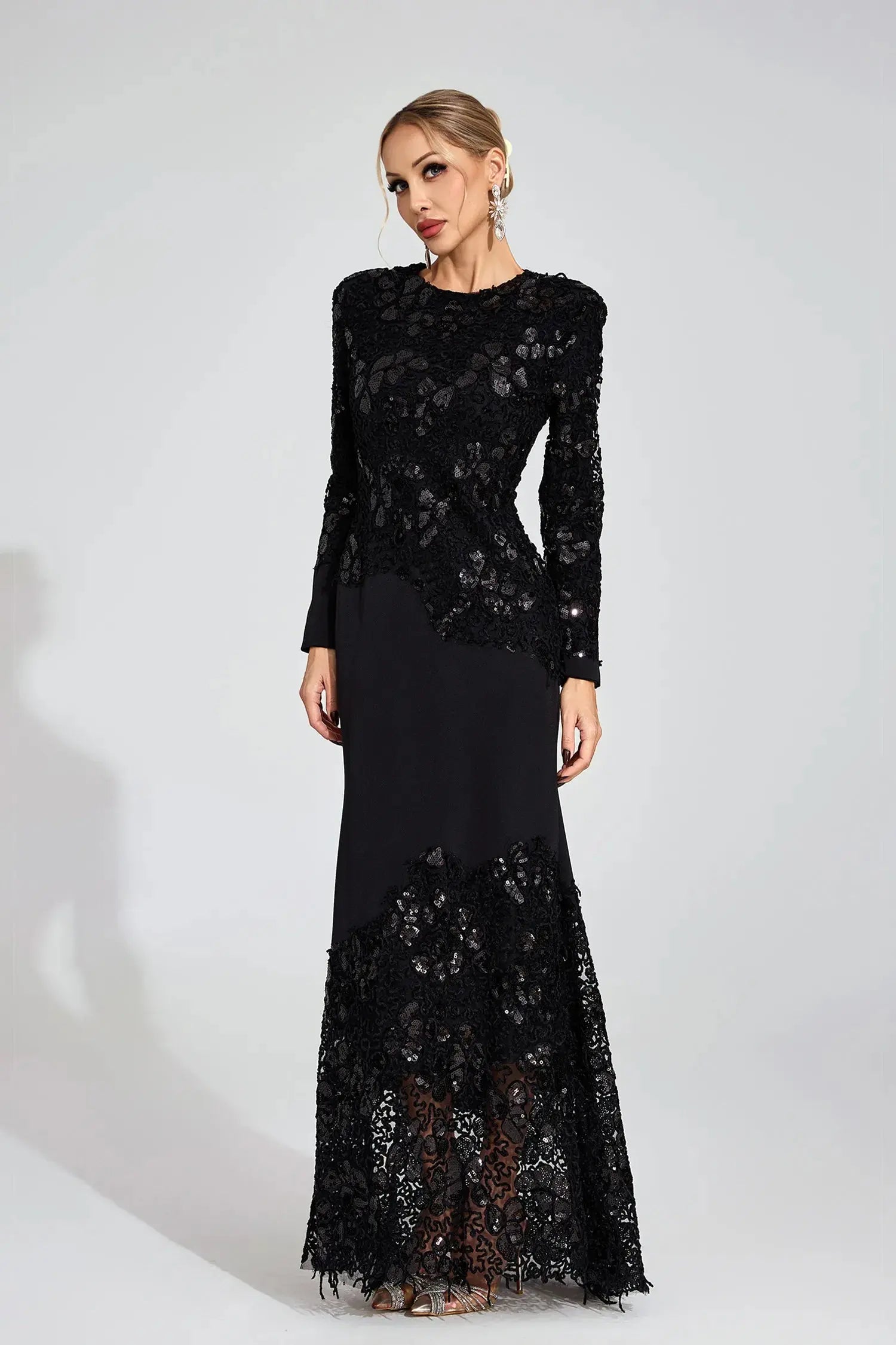joanna Black long sleeve Embroidered Maxi Dress Avalabel