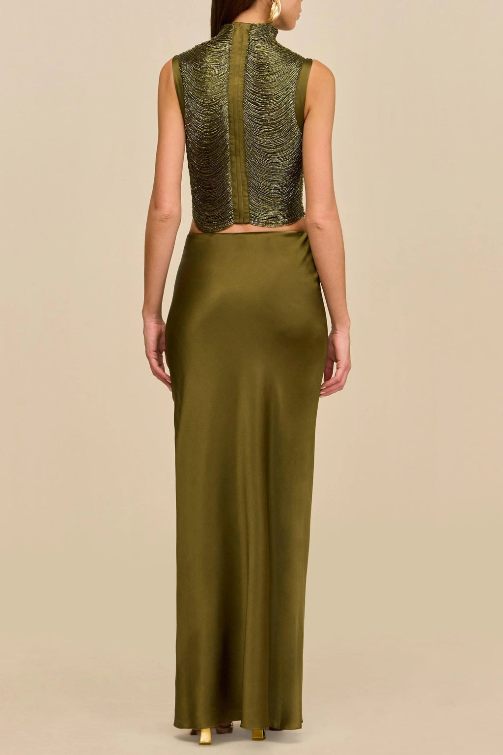 Sleeveless Turtleneck Tassel Paneled Top and Satin Skirt Set in green Avalabel