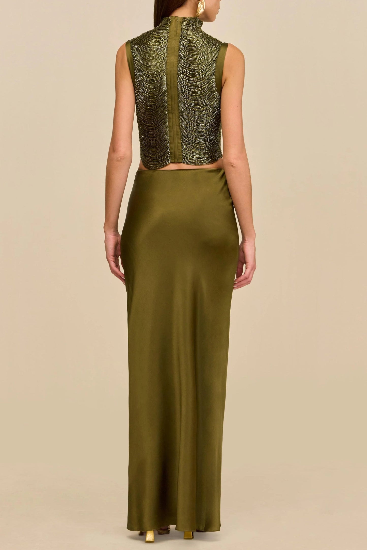 Sleeveless Turtleneck Tassel Paneled Top and Satin Skirt Set in green Avalabel