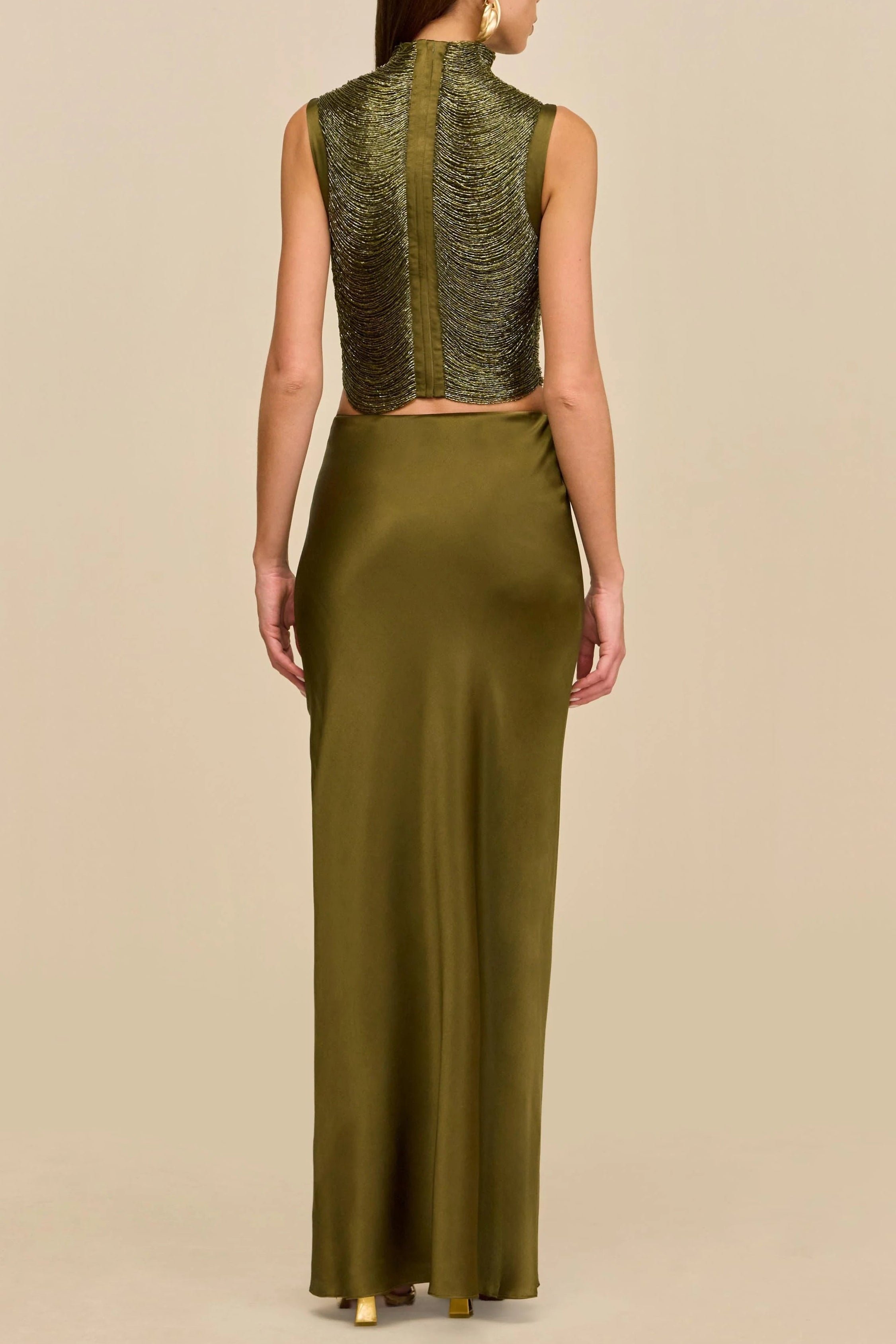 Sleeveless Turtleneck Tassel Paneled Top and Satin Skirt Set in green Avalabel