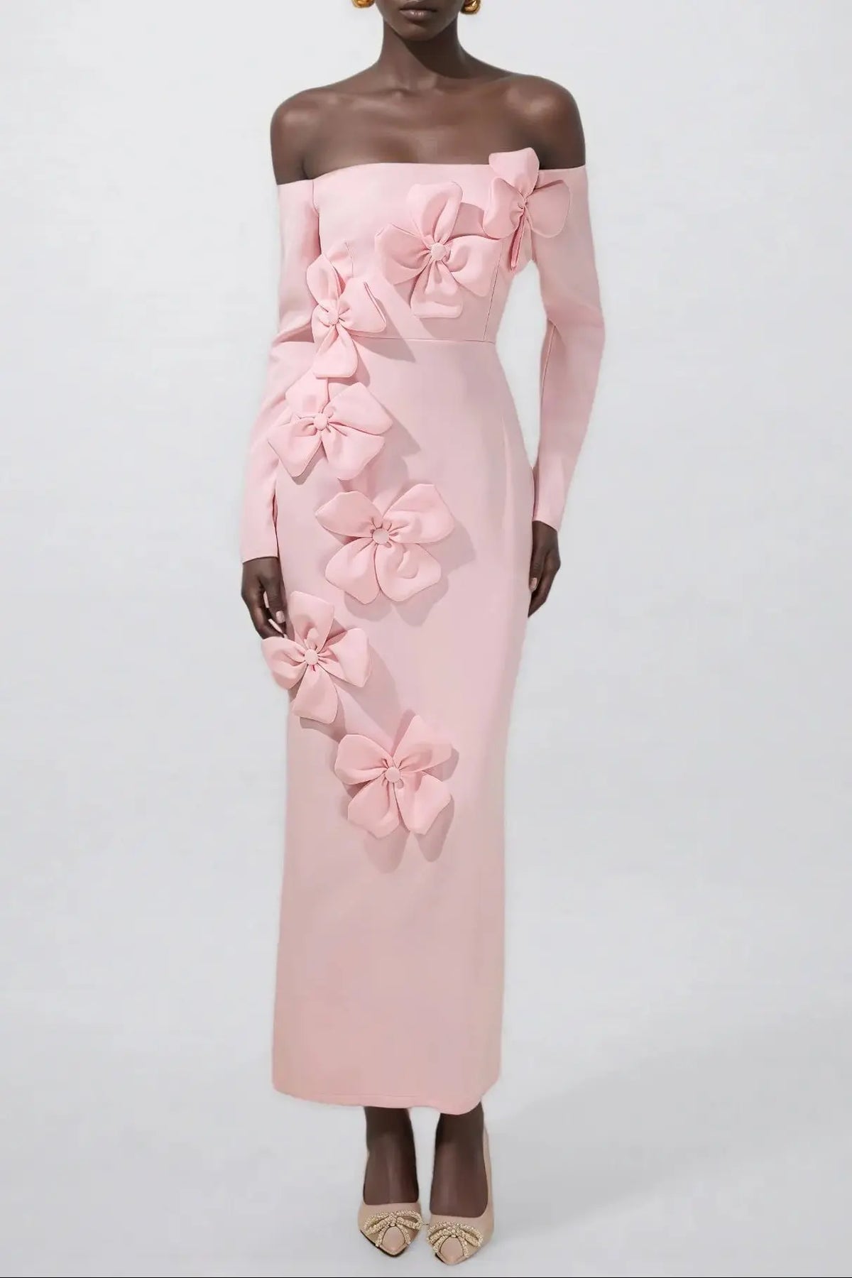 hilary Pink 3D Flower long sleeve strapless Midi Dress Avalabel