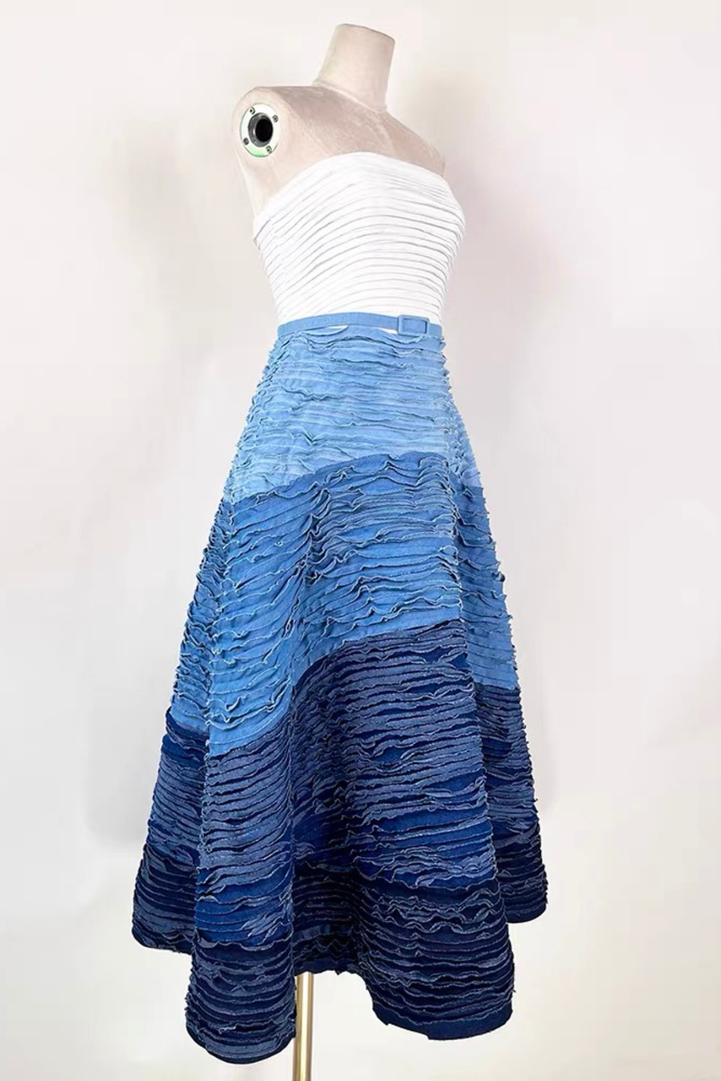 Mara Ombre Denim Strapless Tiered Midi Dress Avalabel