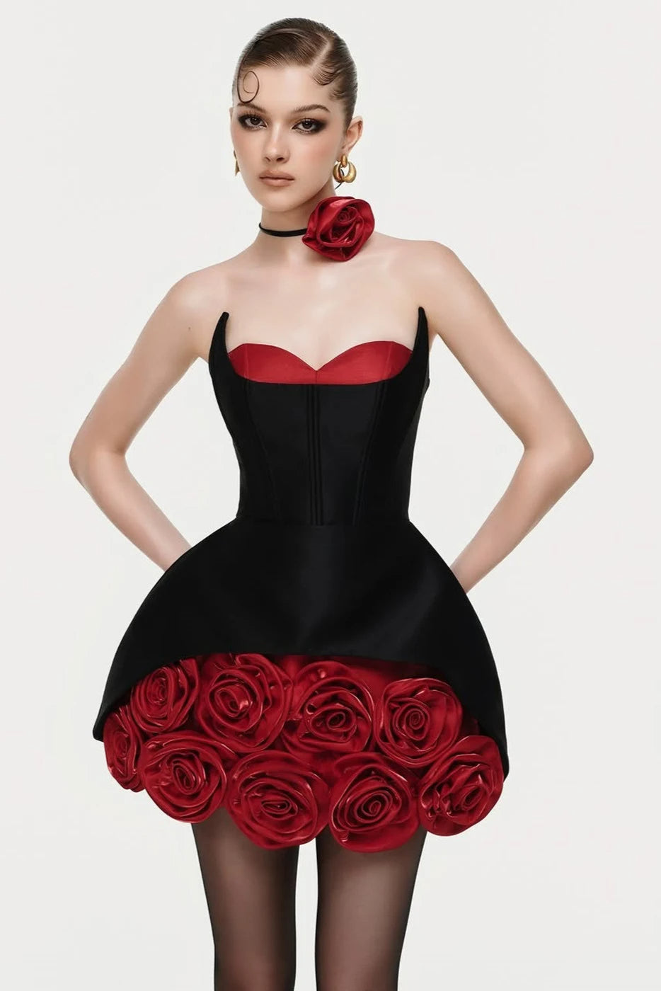 Rose Flower Ruffled Floral Mini Dress in Red Soraya