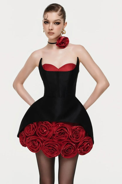 Rose Flower Ruffled Floral Mini Dress in Red