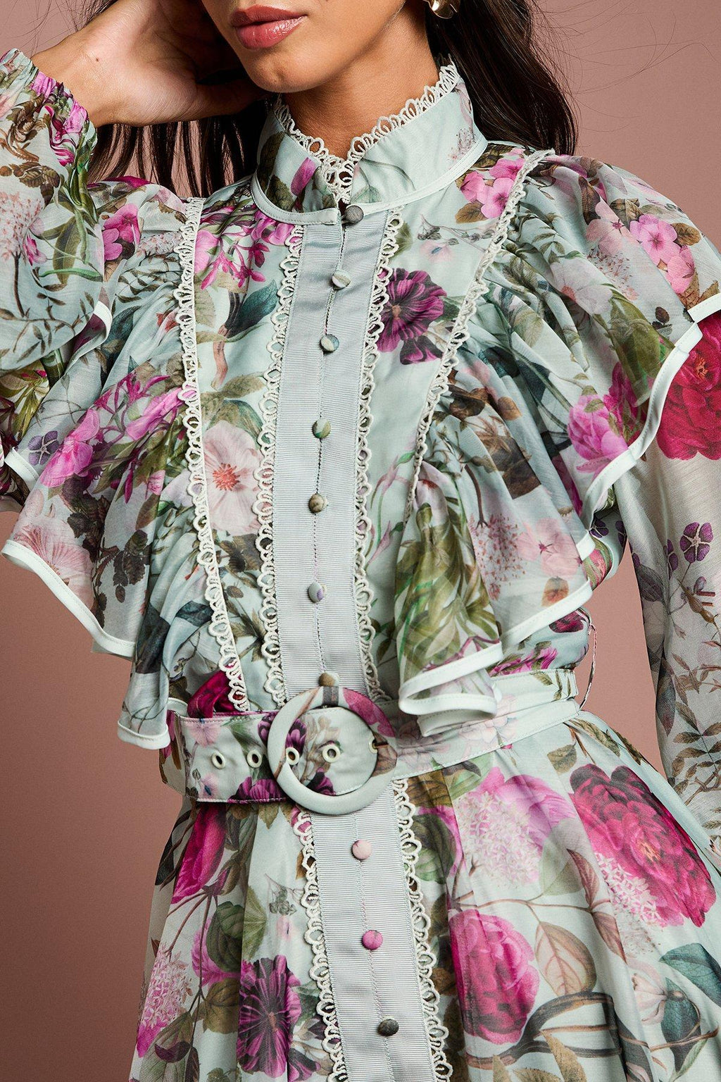 Green Long Sleeve Printed Organza Shirt Midi Dress Avalabel