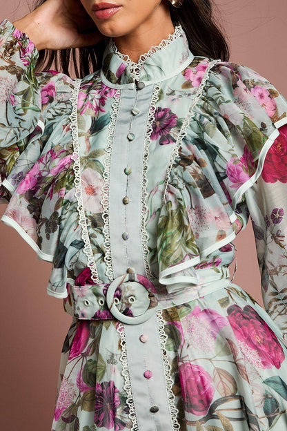 Green Long Sleeve Printed Organza Shirt Midi Dress Avalabel