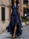 Midnight Elegance Satin Halter Ruffle Gown Avalabel