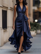 Midnight Elegance Satin Halter Ruffle Gown Avalabel