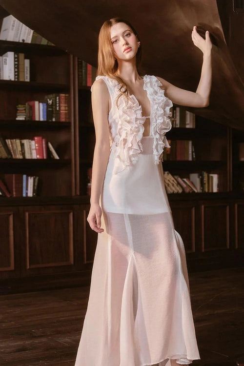 Charlotte Pleat Ruffle Maxi Dress in White Avalabel