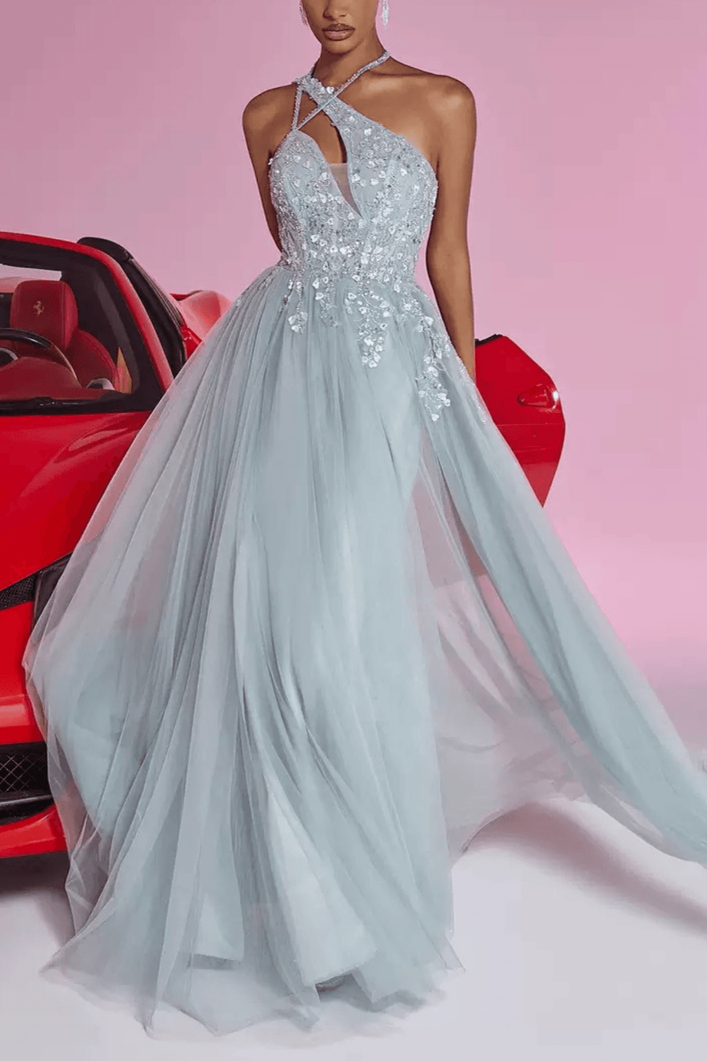 Lilian Light Blue Sequin Halter Neck Slit Prom Maxi Dress Avalabel