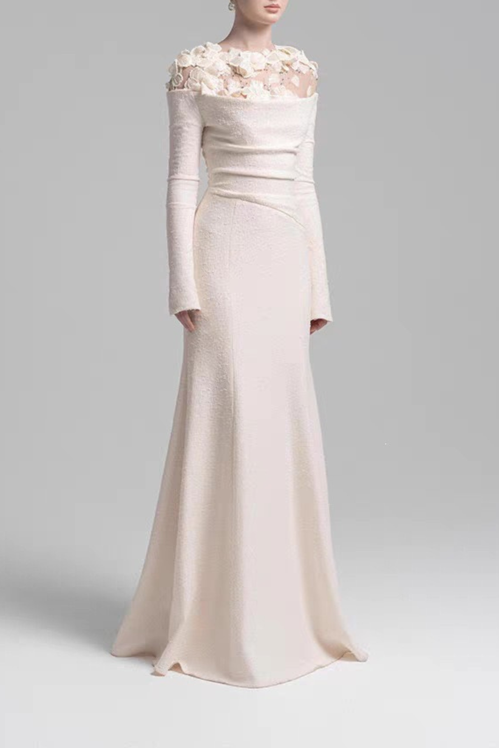 Louise 3D Floral Sheer Shoulder Long Sleeve White Dress Avalabel